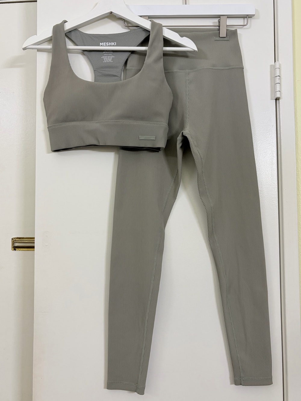 MESHKI Sage Green Ribbed High Rise Leggings Padded Sports Bra Activewear Set XS